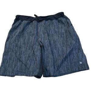 Lululemon shorts black and navy geometric print mens L 36 inch waist stretchy